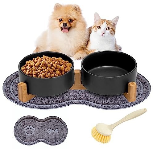 Futternapf Fressnapf Für Haustiere, Keramik Futternapf mit Bambus Ständer, Trinkwassernapf Doppelnapf Futterschüsseln Hundenapf rutschfest Ohne Verschütten für Katzen und Kleine Hunde (850ml)