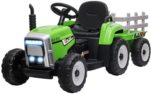 HOMCOM Elektrischer Traktor mit Anhänger, Kinder Aufsitztraktor mit Fernbedienung, Kinder Elektroauto mit MP3 Funktion, Kinderfahrzeug mit Scheinwerfer, 3-6KM/H, für 3-6 Jahre, Grün