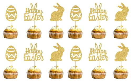 Easter Cupcake Toppers - 12Pcs Easter Cake Decorations Glitter Gold Happy Easter Cake Toppers Bunny Egg Cake Decoration Picks for Easter Party Supplies