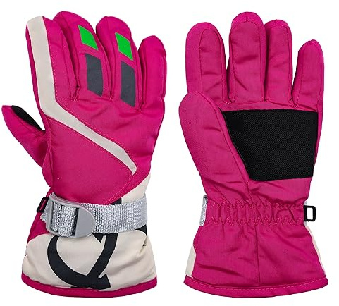 HADEEONG Kids Winter Gloves Waterproof Ski Snow Gloves for Boys & Girls, Warm Gloves Outdoor Sports Snowboard Bicycle, Rose Red, 7-10 Years