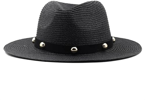 Sonnenhut Strohhut Hut Cowboyhut Strohhut Damen Hüte Handgemachte Sonnenhut Für Männer Cowgirl Dekoration Casual Beach Cap 60-62Cmeinstellbar Schwarz