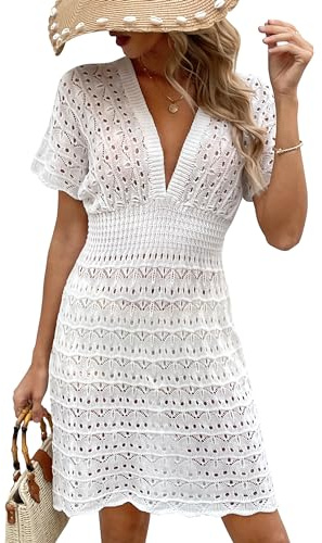 Desol Damen Strandkleid Bikini Cover-Up Weiß Aushöhlen Häkelkleid Sommer V-Ausschnitt Strandponcho Beachwear Damen Strandurlaub M