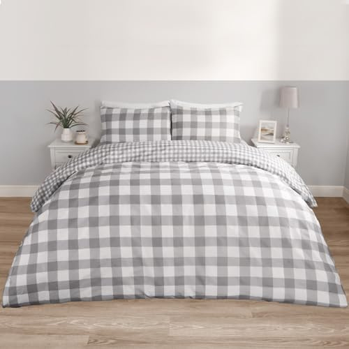 OHS Gingham Single Bedding Set, Check Reversible Bedding with Pillowcase Single Bed Duvet Cover Super Soft Quilt Covers Bedroom Luxury Decorative, Grey