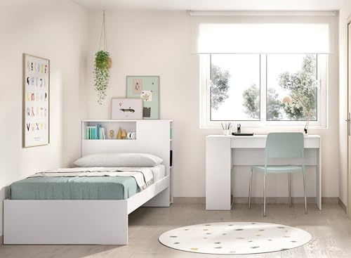 DEKIT Grupo RIMOBEL Ten Pack - Conjunto de Cama con almacenaje en Cabezal y Mesa Escritorio - Blanco