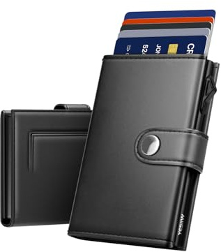 YESIIW Card Holder Mens Wallet RFID Blocking Leather Minimalist Smart Pop Up Wallets with Magnetic Coin Pocket, Trifold Credit Card Holders Wallet, Button Closure, Holds Up to 9 Cards, 2 ID Window