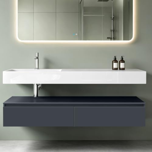 Mai & Mai Waschtisch mit Unterschrank inkl. Mineralguss-Waschbecken | Badmöbelset Anthrazit matt 150x48x25cm, mit Soft-Close Schubladen UP
