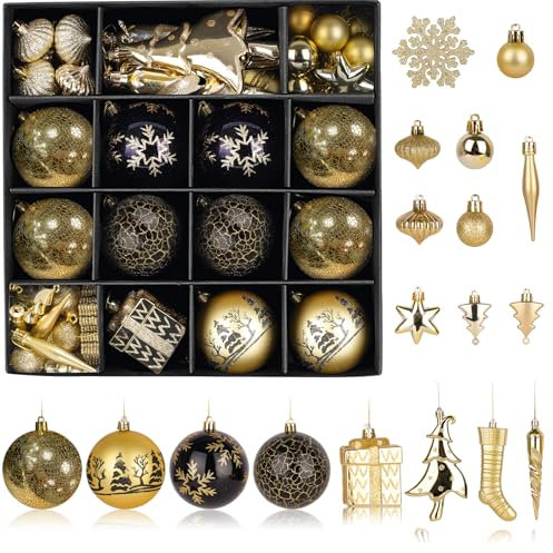 62 STK Weihnachtskugeln Kunststoff Weihnachtskugeln Groß: 7.5CM Christbaumkugeln Schwarz Gold Bruchsichere - Christbaumschmuck Mehrweg Weihnachtsdeko mit Aufhängen für Drinnen und Draußen
