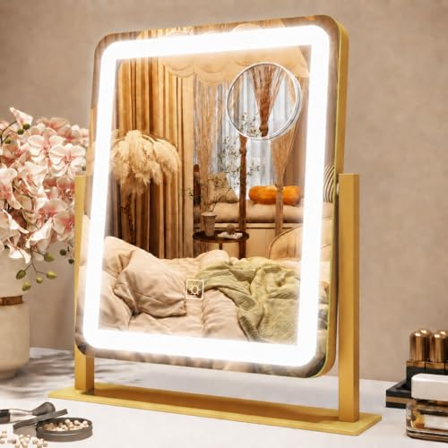 ROLOVE Vanity Mirror with Lights, 12.6×15 LED Makeup Mirror, Lighted Makeup Mirror with Lights, Smart Touch Control Dimmable 3 Modes Light, Lighted Up Mirror for Makeup Desk, Gold