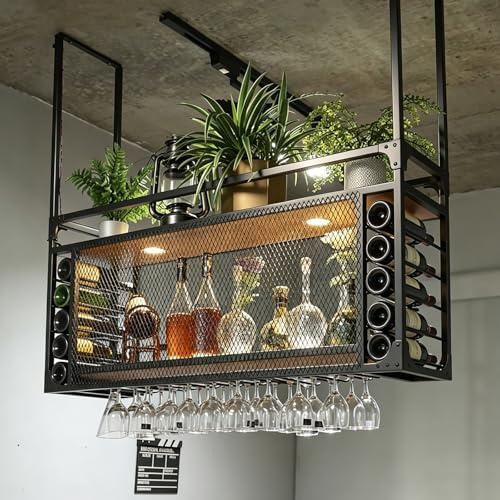 Modern Metal Wall Mounted Wine Display Rack, Large Capacity Ceiling Wine Rack, Can Hanging Or Wall Mounted, Simple Type With Light Wine Rack For Bar, Restaurant, Indoor (BLACK, 120*30*55+40cm)