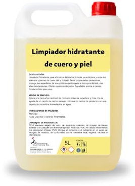 Proquimar Limpiador hidratante de Cuero, Piel y Polipiel. Cuidado y Limpieza de la tapicería del Coche, sillones, sofás y Prendas de Cuero. Categoría Profesional. Garrafa de 5 litros.