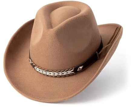 Jellecutte Western Cowboy & Cowgirl Hut Breite Krempe Filzhut mit braunen Nieten Leder Hutband Fedora Hüte-Brown