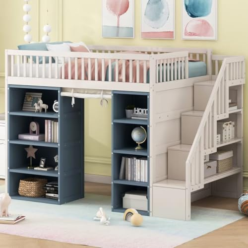 JIJIWANG Full Size Loft Bed with 2 Four-Layer Storage Cabinets and Curtain,Versatile High Loft Bed for Kids Teens Adults, Sturdy Slats Support, No Box Spring Needed,White+Blue