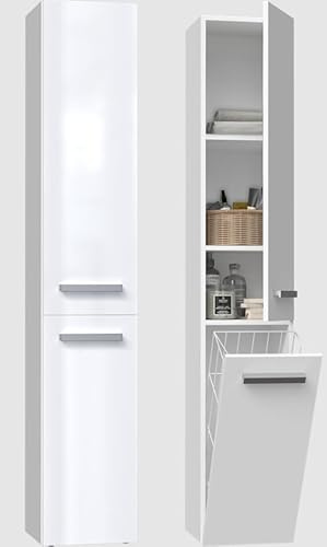 BDW - Armoire de Salle de Bain coulissante - Grande Armoire de Salle de Bain avec Panier à Linge 174 x 31 x 30 cm - Choix du côté d'ouverture de la Porte - Blanc Brillant