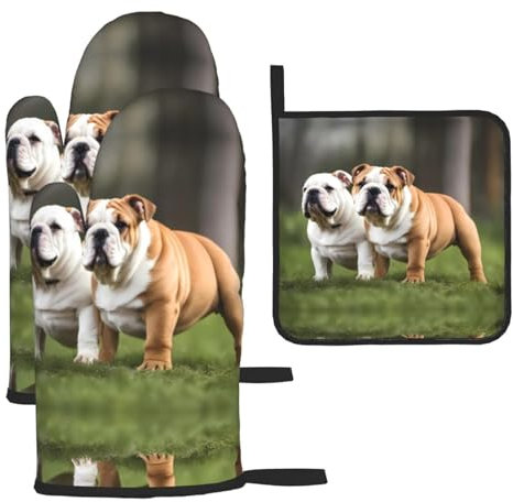 WZYWHJ Ofenhandschuhe, Topflappen, Motiv: Englische Bulldoggen, 3 Stück, dicker, langlebiger und wasserdichter Stoff für Hitzeschutz