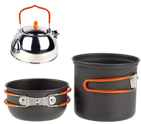 Set di pentole da campeggio, 3 pezzi, pentola, padella e bollitore, per cucinare all'aperto, utensili da cucina essenziali per fornelli a gas e picnic, stoviglie portatili con manico