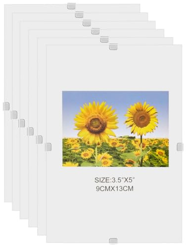 MARCOFOTO Set de 5 Marcos de Fotos – Marco Clip de Cristal sin Marco – Portafotos de Vidrio Transparente con Colgador – Diseno Minimalista para Fotos, Diplomas y Certificados – 9x13 cm