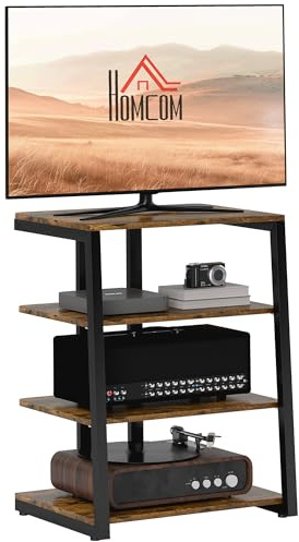 HOMCOM Supporto HiFi, 4 ripiani con ripiani regolabili, rack per presa multipla per router, giradischi, stampante, supporto TV industriale per TV fino a 28 pollici, marrone rustico