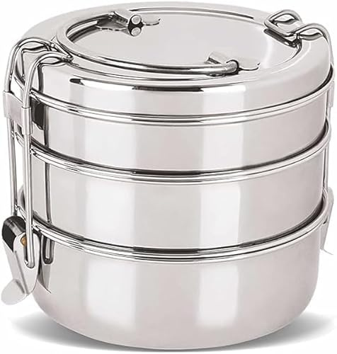 HRS India - Lonchera de acero inoxidable con asas que ahorran espacio, hermosa caja bento con clip para almacenamiento de alimentos, color plateado (3 niveles)