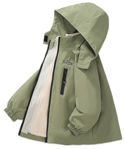 Exemaba Kids 3 in 1 Waterproof Jacket, Boys Girls Winter Rain Coats with Detachable Fleece Lining & Hood for Walking, Hiking, Travelling(Army Green, 150/9-10 Years)