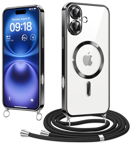 Micnkifo Magnétique Coque avec Cordon pour iPhone 16, Compatible avec MagSafe, Coque Magnétique en Galvanisé avec Réglable Collier Lanyard, Antichoc pour iPhone 16, Noir