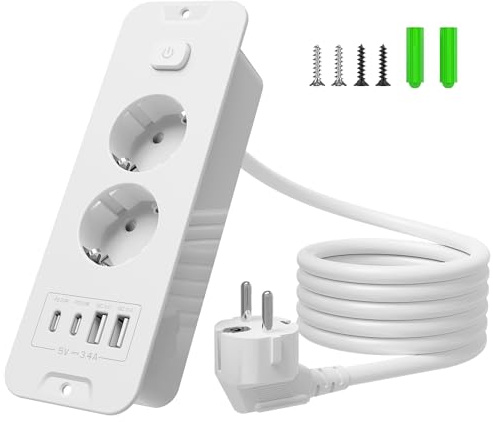 Inhwatek Inbyggt uttag med USB (PD 20 W), 2-vägs grenuttag, 4-i-1 infällbart bordsuttag, flera uttag med 2 m kabel för kök kontor bänkskiva, 16 A, 4 000 W