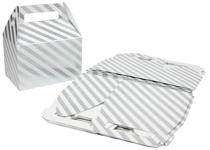 Emartbuy 12 Stück Silber Gestreifte Giebel Geschenkboxen - 15,2 x 11 x 10 cm - Elegante Gastgeschenke Boxen für Hochzeiten, Geburtstage, Weihnachten & Firmengeschenke