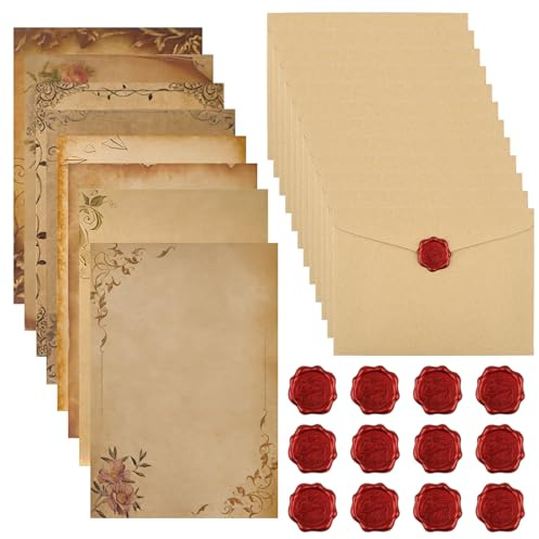 48 Pcs Letter Writing Paper and Envelopes Set, Vintage Letter Writing Set, 16 Sheets Retro Floral Letter Paper with 16 Envelopes & 16 Wax Seal Stickers for Love Letters, Birthdays, Christmas