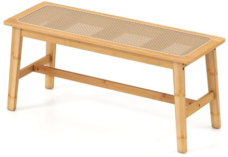 RELAX4LIFE Sitzbank Holz, Eingangsbank aus Bambus mit handgeflochtenem PVC-Rattansitz, Esszimmerbank, Rattanbank für Flur, Küche, Wohnzimmer & Schlafzimmer, Natur, 100 x 35 x 45 cm