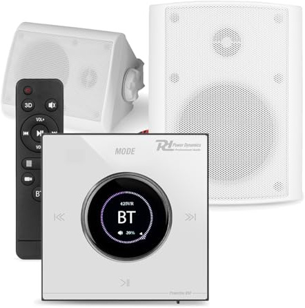 Power Dynamics Powerline Garden Wall Speaker System with Bluetooth In-Wall Amplifier, 5.25 White IPX5 Weatherproof Pair & LCD Touch Panel, Speaker Cable, Home & Outdoor Audio Solution