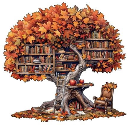 Jigfoxy Holzpuzzle für Erwachsene, Baumbibliothek Holz Puzzle, einzigartiges Tierpuzzle aus Holz, Geschenk zu Weihnachten für Familie und Freunde, L-34 * 33.3cm-225Teile