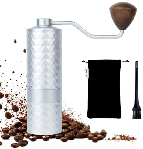 DouzDaz 3-Piece Manual Coffee Grinder with Stainless Steel Burr, Sliver | Removable Outer Burr, 24-Grid Precise Adjustment System, with Wooden Handle, Portable, for Home, Travel, Camping and Gift