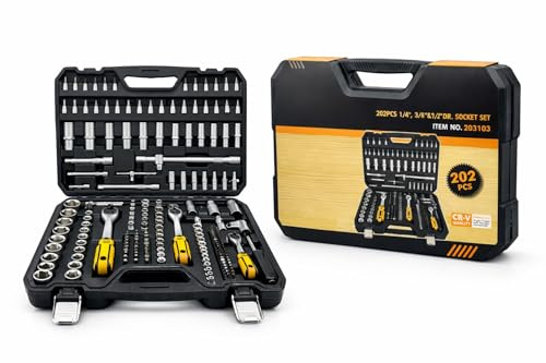 Valigetta Attrezzi 202 Pezzi Chiavi a Bussola con Cricchetto 1/4 3/8 1/2 Acciaio Cr-V Professionale Set Bussole Completo con inserti Torx, Prolunghe e Accessori Kit Utensili Meccanico per Auto