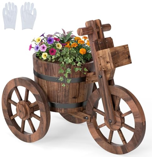COSTWAY Wooden Wagon Planter, Tricycle Garden Planter with Drainage Hole & Storage Box, Indoor Outdoor Decorative Wheel Cart Flower Pot Stand for Patio, Backyard, Balcony
