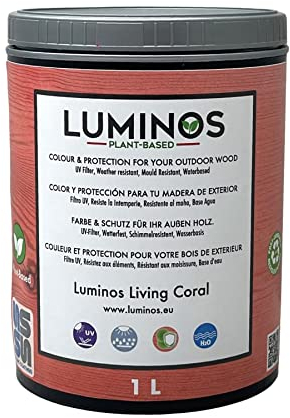 Luminos LUM1113 - LIVING CORAL - Holzlasur Außen - Biopolymer-Wasserbasis Lasur für Holz, UV-Schutz und Wetterfest - Pink Coral 1L