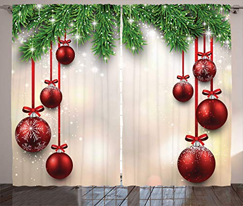 ABAKUHAUS Navidad Cortina, Red Bolas de Cintas, Sala de Estar Dormitorio Cortinas Ventana Set de Dos Paños, 280 x 260 cm, Rojo Verde