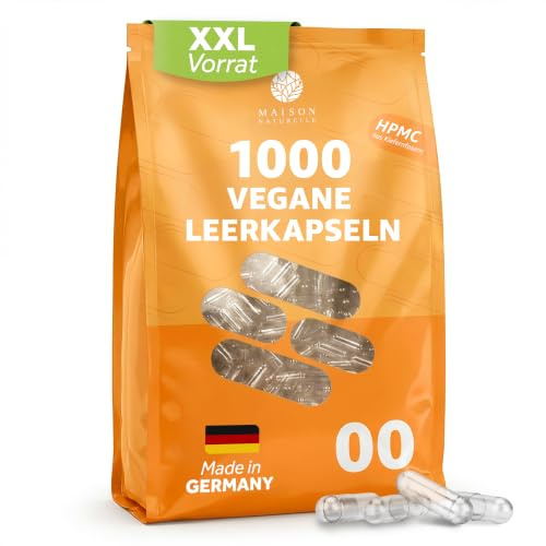 MAISON NATURELLE® Capsule vuote Vegan formato 00 (1000 pezzi) – capsule vuote da riempire – in HPMC prodotto da fibra di pino – Non OGM, Project V-label, certificato Kosher e Halal