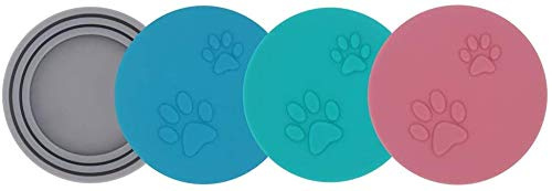 SLSON 4 Pack Pet Food Can Cover Lids Universal Silicone Cat Dog Food Tin Lids 1 Fit 3 Standard Size Can Tops, Blue, Green, Pink and Grey