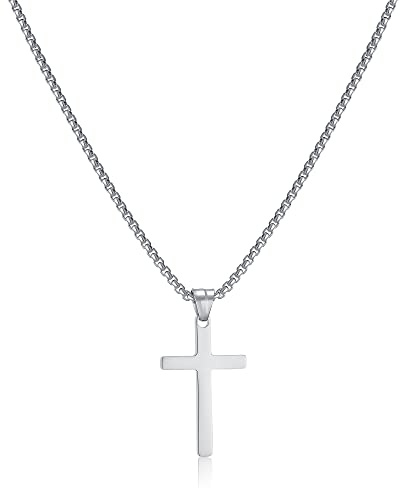 AFSTALR Men's Cross Necklace, Silver Chain with Cross Pendant, Christianity Jewellery, Stainless Steel samll 50cm