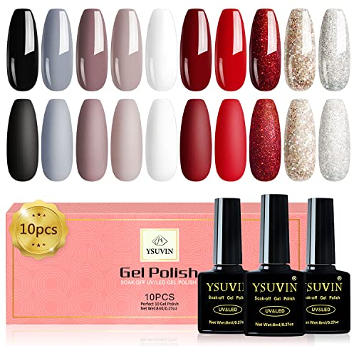 YSUVIN UV Nagellack, 10 Farben Gel Nagellack, Schwarz Weiß Weihnachten Rot Dunkelbraun Grau Gold Glitzer Soak-off UV Gellack für Anfänger DIY Nail Art Maniküre Salon, 8ML