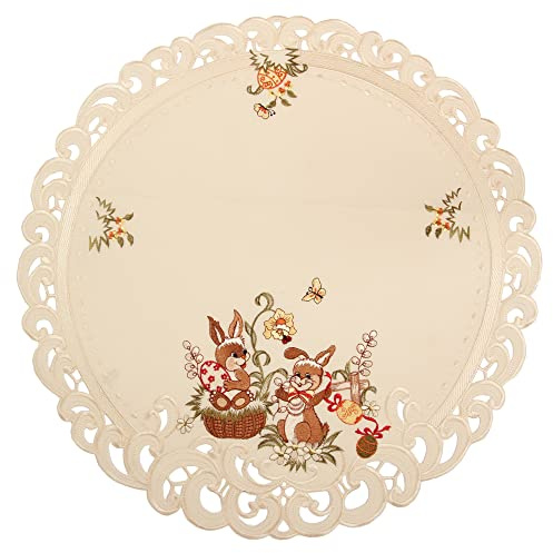Quinnyshop Ostern Miteldecke Häschen Ostereier Stickerei Ecru Creme Leinen Optik ca. 60 cm Rund