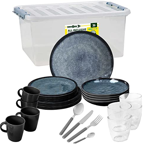BRUNNER Camping-Geschirr-Set Melamin 36-Teilig All Inclusive VENETIAN | Antislip (Antirutsch), 2-4 Personen, wie Steingut (StoneTouch), Bruchfest, Teller Besteck & Becher, Wohnmobil Wohnwagen Boot