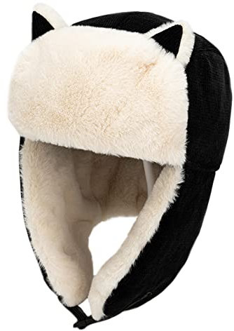 Niedliche Katzenohren-Wintermütze für Damen, mit Fell-Ohrenklappen, Schnallenverschluss, süße Flieger-Skimütze, Schwarz, Einheitsgröße