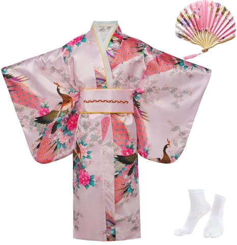 KRUIHAN Kimono Niña Japonesa,Bata Yukata Kimono Niña Saten,Ropa Japonesa Tradicional,Disfraz Japonesa Niña,Vestido de Niña Japonesa para Fiesta,con Abanico Plegable y Calcetines Tabi,Rosa,130