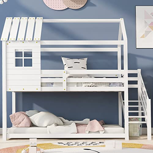 MYBOO Etagenbett, Bett mit Ecktreppe, Hausbett, Kinderbett mit Fallschutz und Gitter, mit Fenster, Rahmen aus Kiefer, weiß (200x90cm)