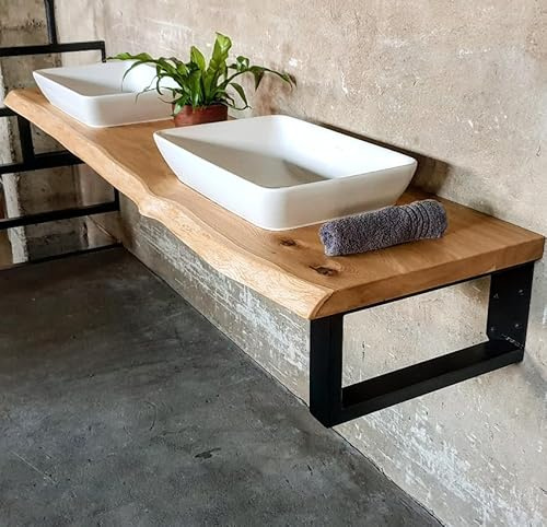 MyTimber® Waschtischplatte aus Eiche Massivholz | 4cm Starke Eichenbohlen | Ideal für Aufsatzwaschbecken | Baumkante oder gerade Kante (Baumkante - gespachtelt & geölt, 100x50cm)