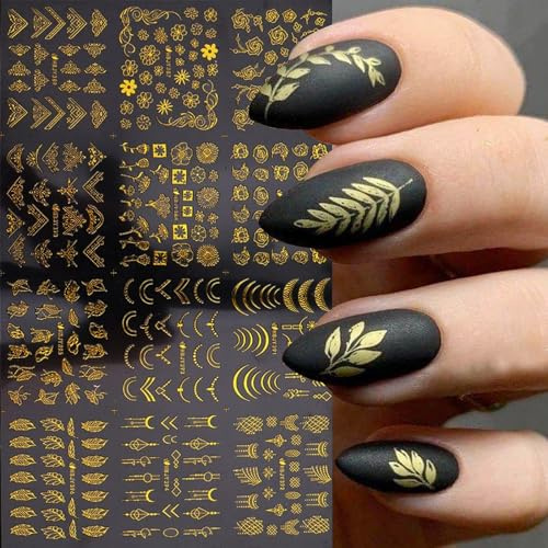 JMEOWIO Nagelsticker Frühling Blume 12 Blatt Nail Art Sticker Selbstklebend Nagelaufkleber Sommer Gold Blumen Dekoration Nageldesign Zubehör