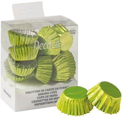 Decora, 0339785 Packung mit 180 limettengrünen Metallic-Bonbon-Muffinförmchen, 27x17 mm, zum Backen und Verschenken von Muffins, hitzebeständig bis 180°C, in Blisterverpackung, hergestellt in Italien