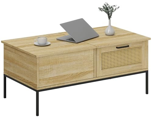 HOMCOM Tavolino con piano sollevabile Tavolino con 2 ampi cassetti struttura in acciaio 106 x 56,3 x 48 cm naturale