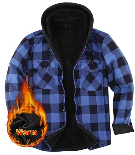 Iris Sprite Camisa a cuadros para hombre, acolchada, con forro cálido, camisas casuales a cuadros con bolsillo, chaqueta a cuadros con capucha para hombre, azul, S