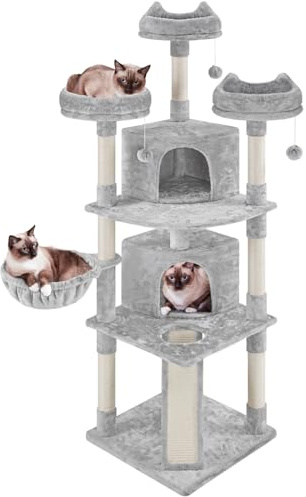 Yaheetech Arbre a Chat Géant 193 cm avec Griffoir Arbre à Chat Design Arbre à Gratter Tour de Jeux avec 2 Grottes Spacieux 3 Plateformes Planche à Gratter Gris Clair